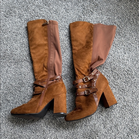 Ashley Stewart Tan Heeled Boots with Buckle Detail - Picture 1 of 10